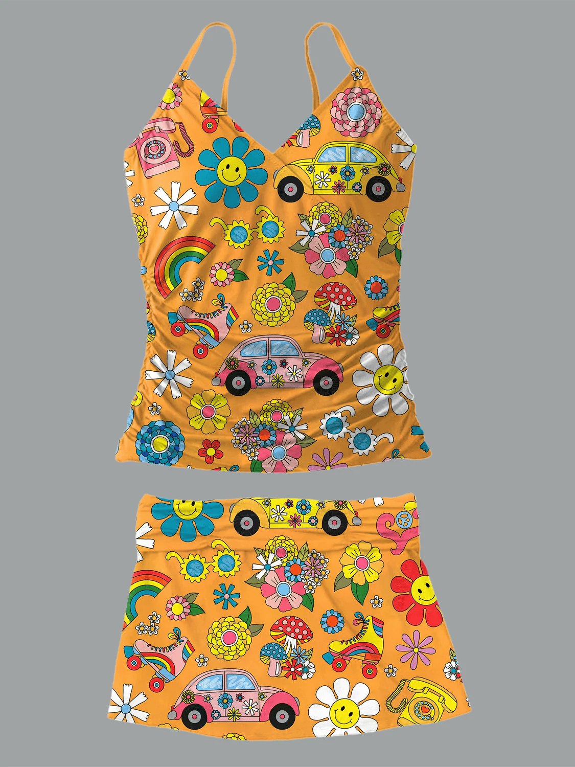 Women's V-Neck Retro Colorful Hippie Print Suspender Skirt Split Swimsuit Skirt Suit Swimsuit