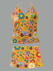 Women's V-Neck Retro Colorful Hippie Print Suspender Skirt Split Swimsuit Skirt Suit Swimsuit