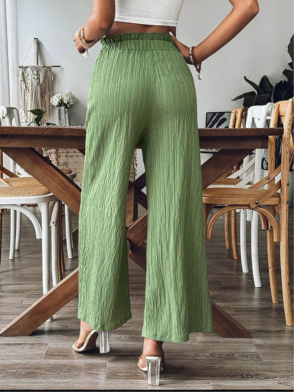 Elasticity Pleated Pockets Solid Color Split-Joint Loose Wide Leg Trousers Pants