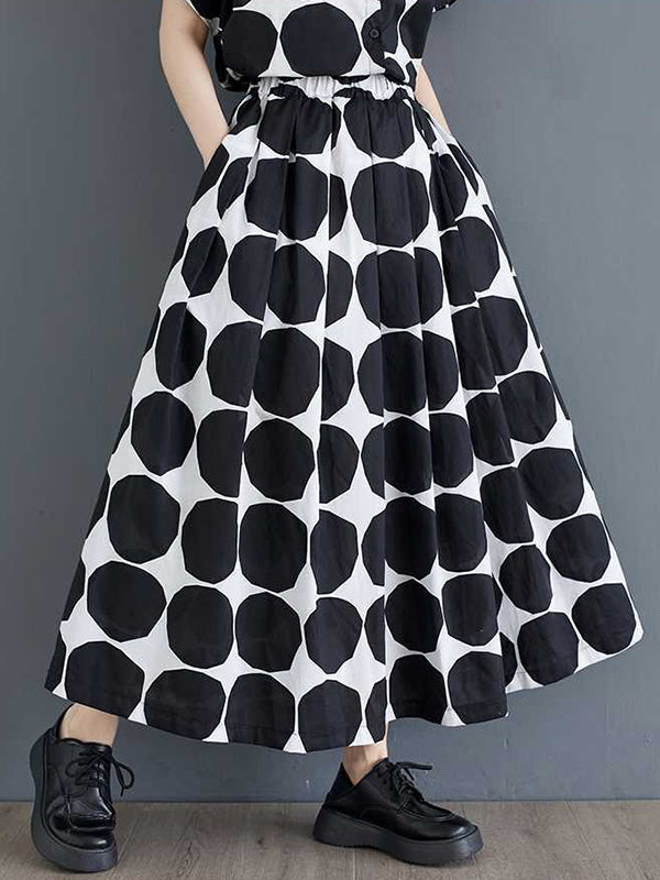 Buttoned Polka-Dot Loose Short Sleeves Lapel Blouse Tops Skirts Bottoms Two Pieces Set