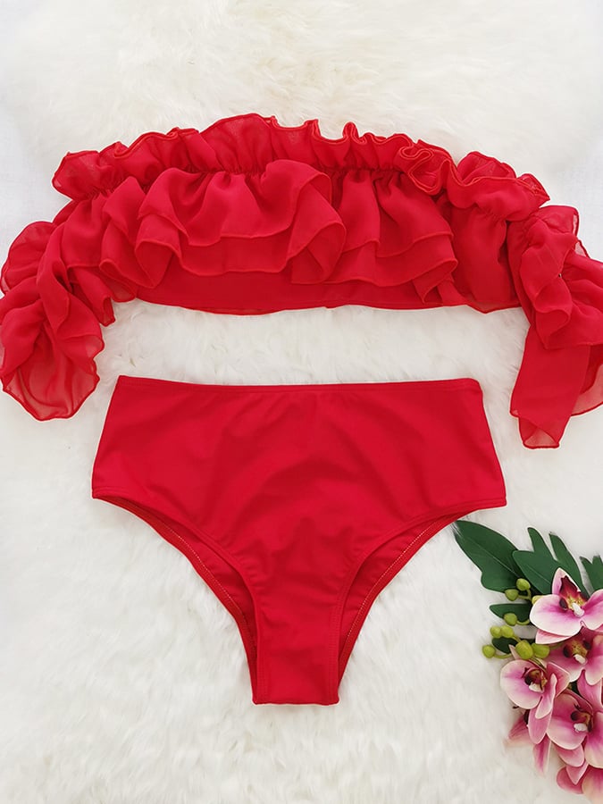 Ruffle Off Shoulder High Waist Bikini