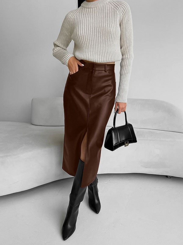 Pockets Solid Color Split-Front Zipper Skinny Wrap Skirts Bottoms