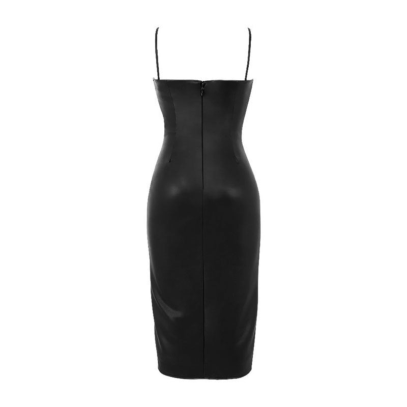 Catalina - Scoop Neck Spaghetti Strap Ruched Leather Midi Dress Black