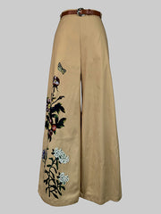 High Waisted Loose Belted Flower Print Pockets Pants Trousers