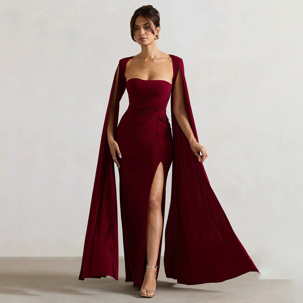 Square Collar Mop Long Sleeve High Slit Solid Color Dress