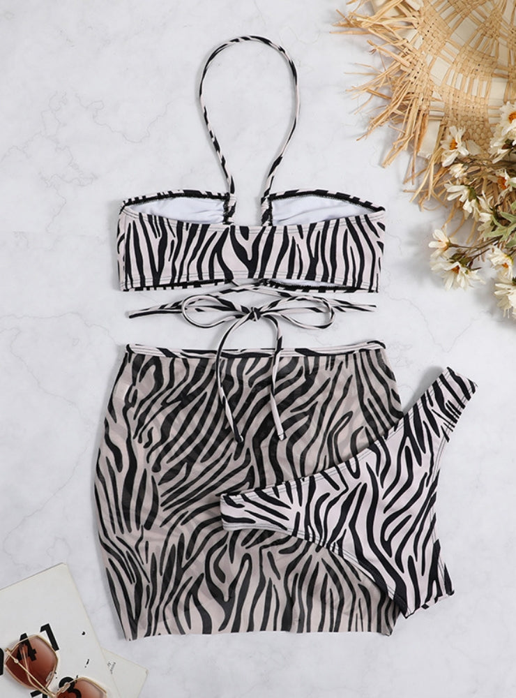 Striped Drawstring Lace-up Three-piece Swimsuit Bikini