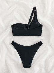 Black One-shoulder Split Bikini