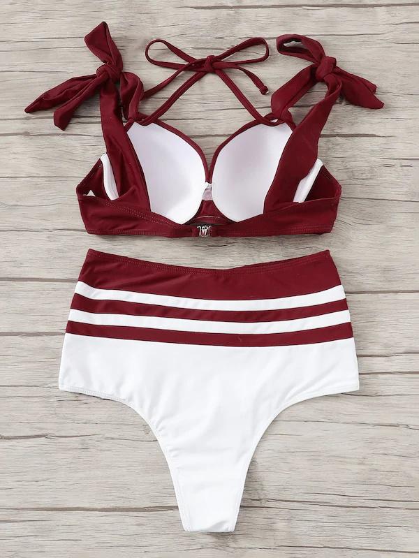 Low Cut Color Burgundy High Waist Bikini Set