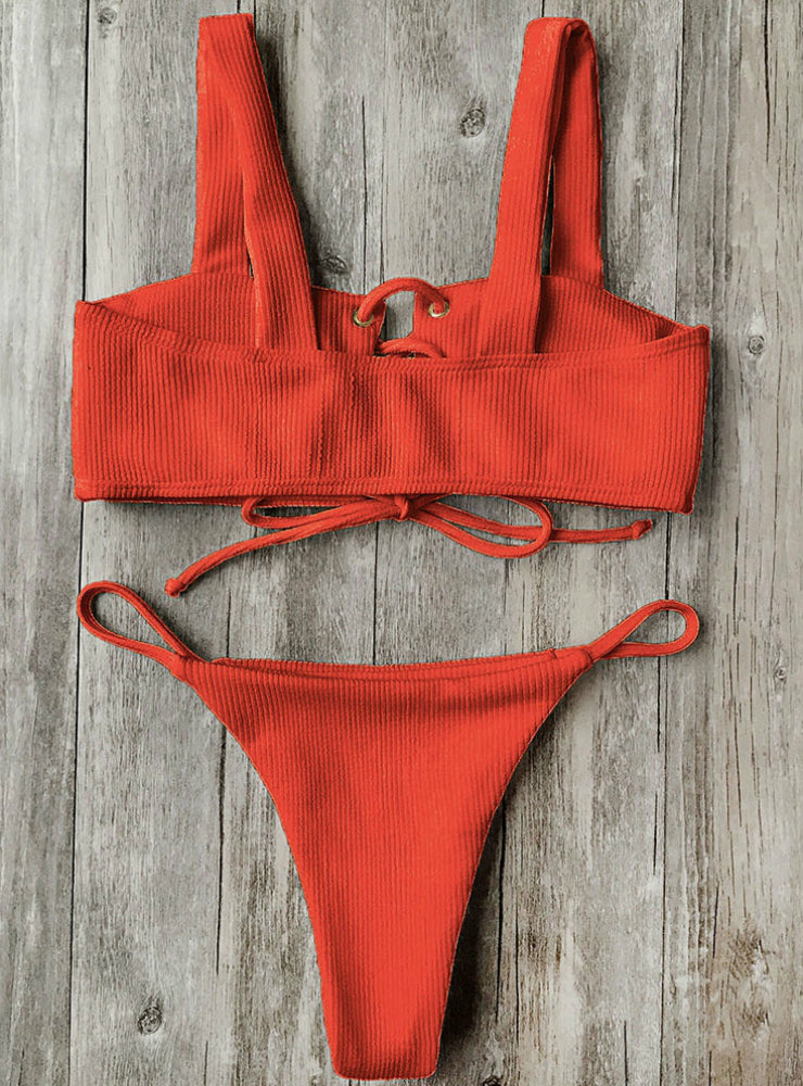 Lace Up Ribbed Texture Bikini Low Waist Wire