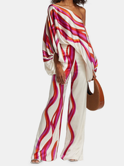 Zreei Urban Wide Leg Loose Printed Off-The-Shoulder Blouses &Casual Pants Two Pieces Set