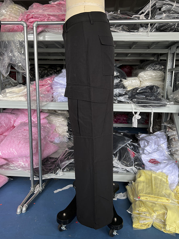 Buttoned Pockets Solid Color Split-Joint Loose Wide Leg Trousers Pants