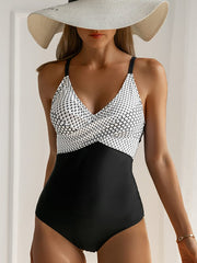 V-neck Color Matching Suspender Backless One Piece Bikini Swimsuit