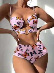 Printed Hard Cup Hollowed Out Split High Waisted Swimsuit