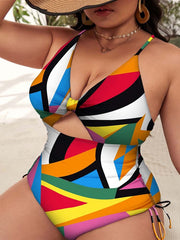 Plus Size Bikini Print Push Up Cutout Slim Fit Swimsuit