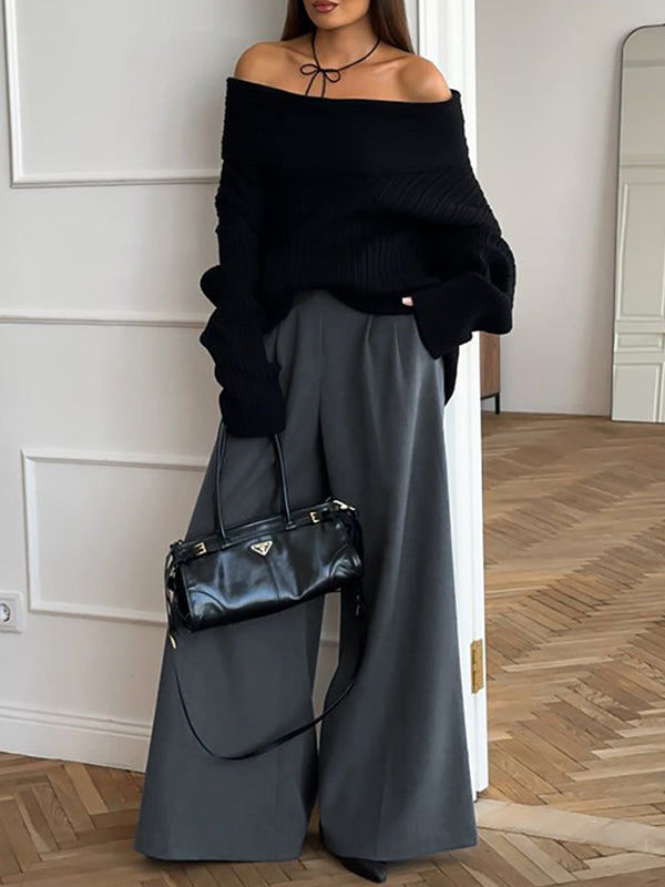 Pleated Pockets Solid Color High Waisted Loose Trousers Suit Pants