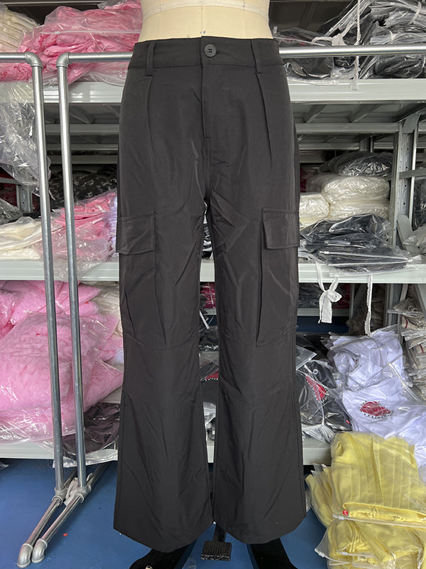 Buttoned Pockets Solid Color Split-Joint Loose Wide Leg Trousers Pants