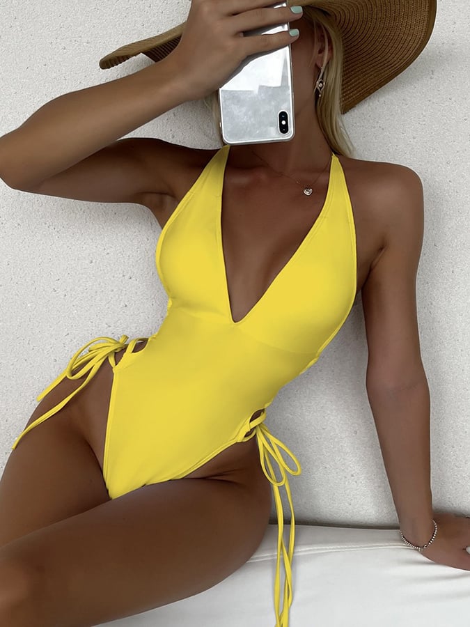 Solid V-Neck One Piece Sexy Bikini