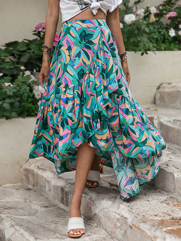 Vacation Loose Irregular Clipping Floral Printed Skirt