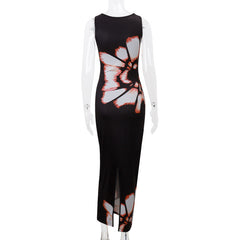 Retro Printed Sleeveless Hollow Sexy Slim Fit Color-matching Dress