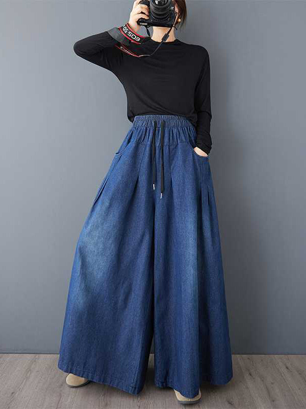 Drawstring Elasticity Pleated Pockets High Waisted Loose Jean Pants Bottoms