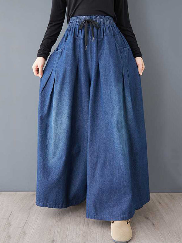 Drawstring Elasticity Pleated Pockets High Waisted Loose Jean Pants Bottoms