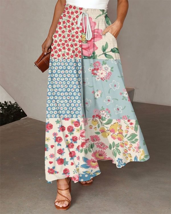 Casual Loose Elastic Waist Floral Pants