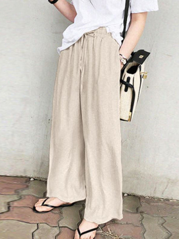 Drawstring Pockets Solid Color High Waisted Loose Trousers Pants