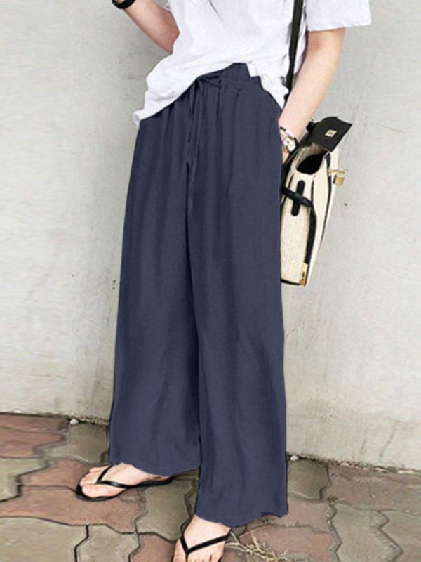 Drawstring Pockets Solid Color High Waisted Loose Trousers Pants