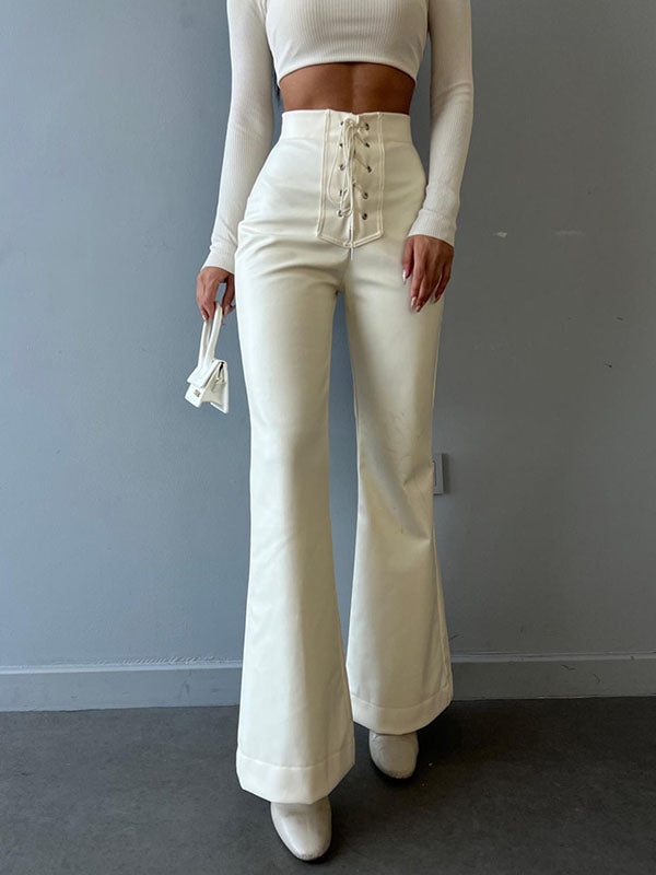 Lace-Up Split-Joint Flared High Waisted Trousers Pants