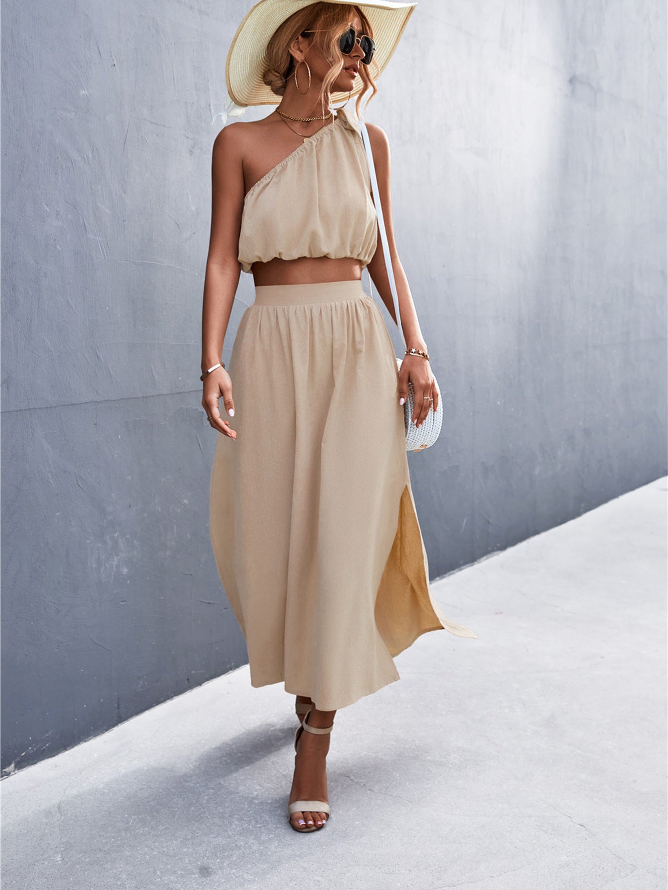 Zara Solid Color Tie Shoulder Slit Two Piece Dress