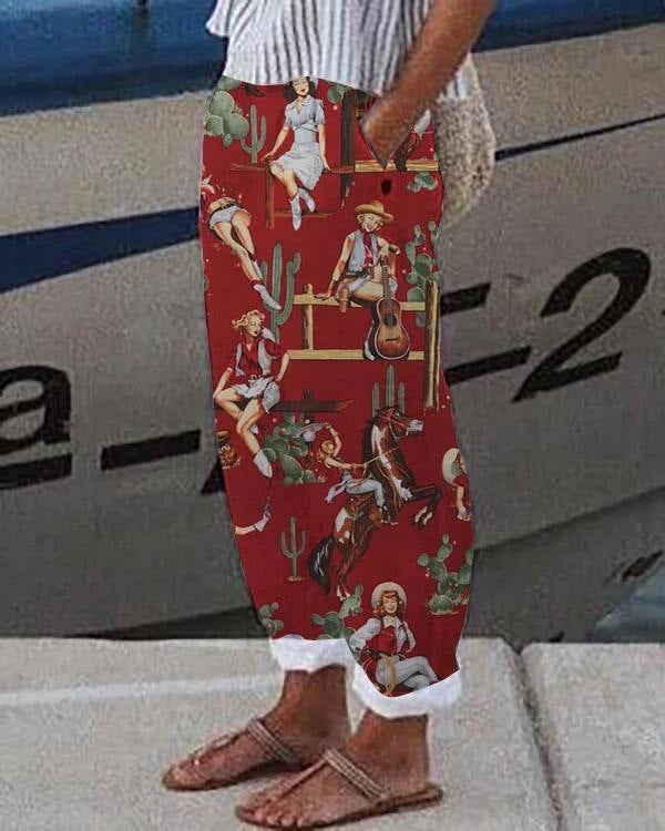 Women's Cactus Printed Elastic Casual Pants