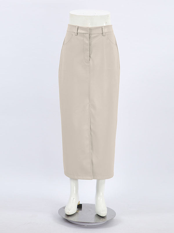 Pockets Solid Color Split-Front Zipper Skinny Wrap Skirts Bottoms