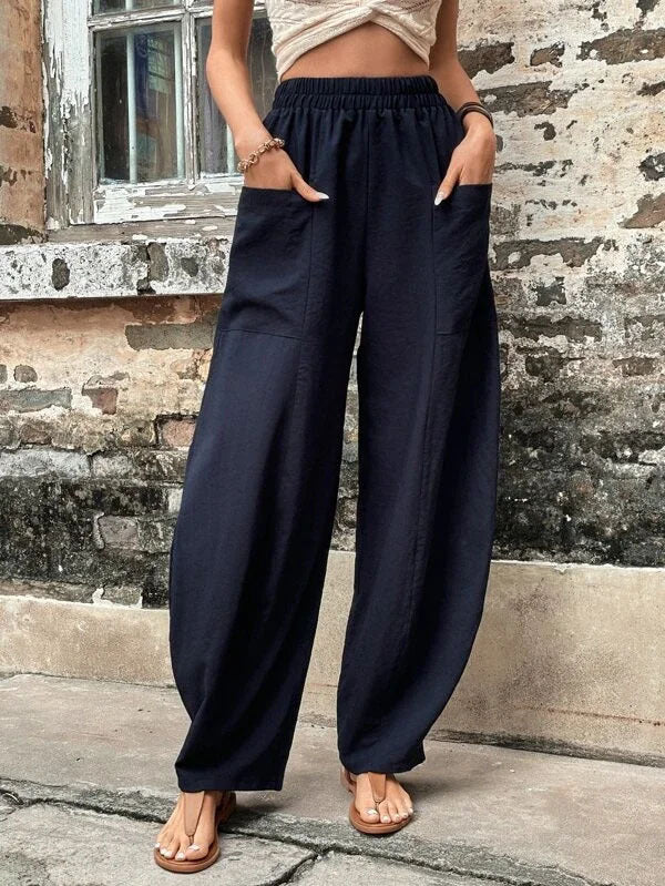 Elasticity Pockets Solid Color Loose Plus Size Pants