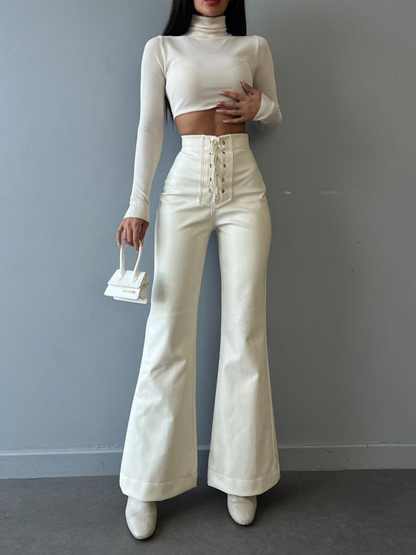 Lace-Up Split-Joint Flared High Waisted Trousers Pants