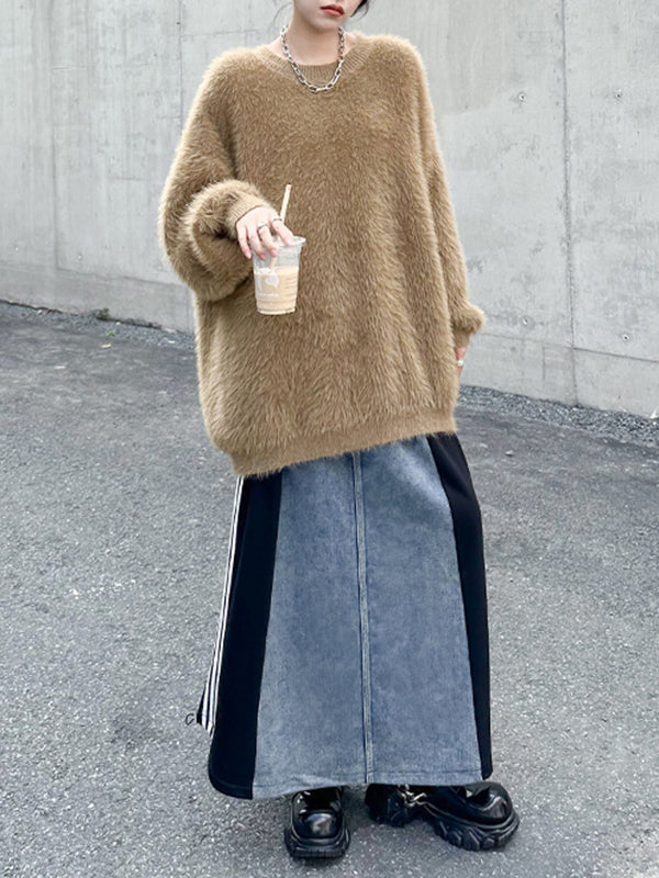 Contrast Color Drawstring Split-Joint Striped A-Line Loose Skirts Bottoms