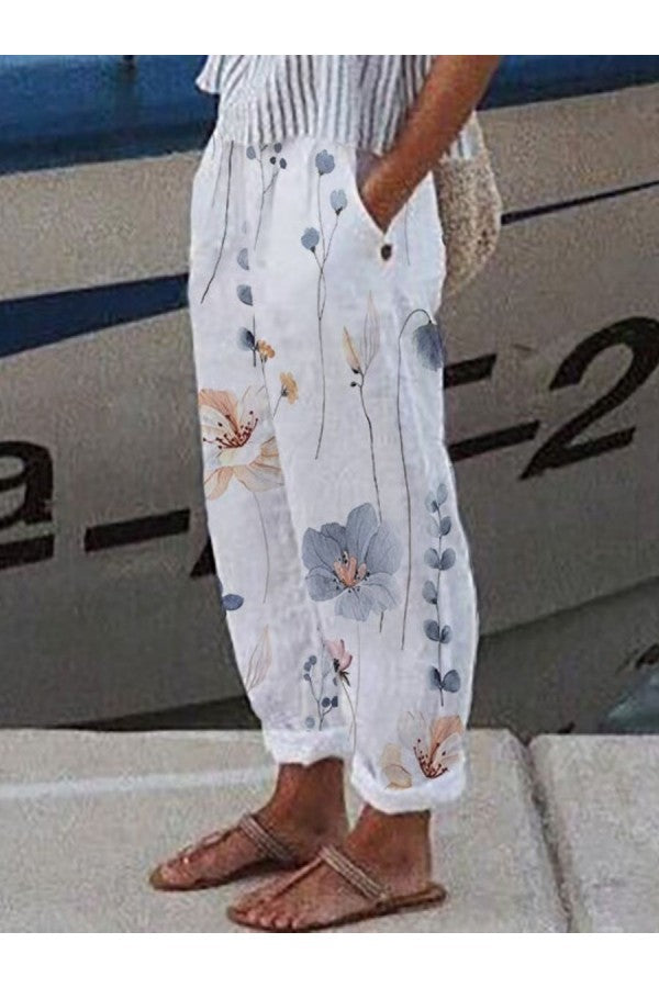 White Casual Floral Printed Daily Pants