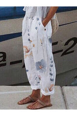 White Casual Floral Printed Daily Pants