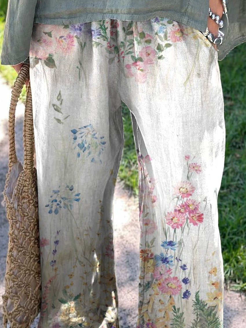 Women's Vintage Botanical Floral Printed Cotton And Linen Casual Pants