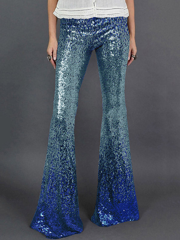 Contrast Color Gradient Sequined Shiny Flared Pants Skinny Leg Pants Bottoms