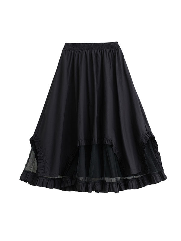 Elastics Gauze Solid Color Split-Joint Loose Skirts Bottoms