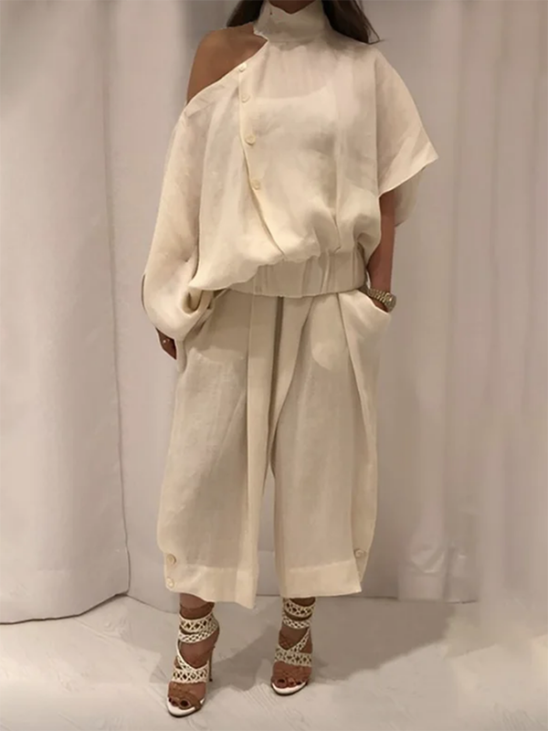 Buttoned Solid Color Loose Wide Leg Trousers Casual Pants Bottoms