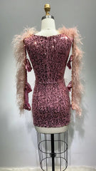 Autumn Slimming Long Sleeves Sequined Low-cut Tight-fitting High-end Feather Dress