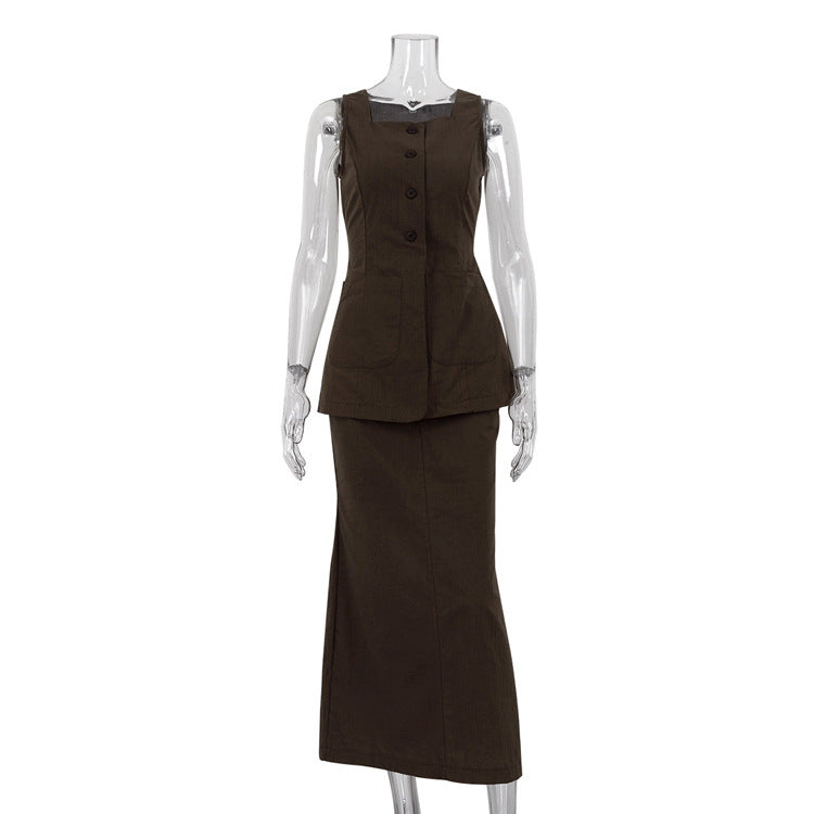 Women's Sleeveless Waistcoat Vest Skirt Suit