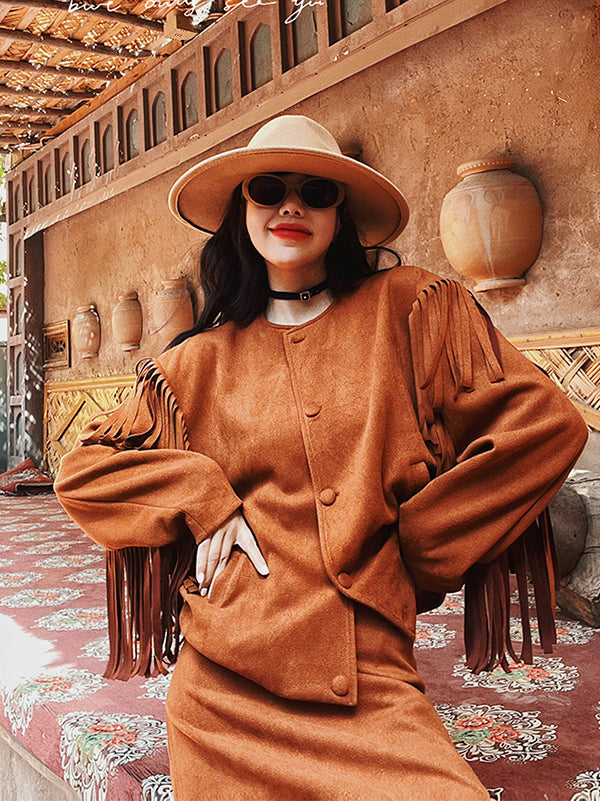 Casual Buckle Tasseled Solid Color Round-Neck Two Pieces Set