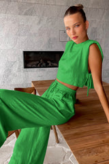 LINEN PADDED-SHOULDER TIE SIDE TOP AND DRAWSTRING PANTS SET