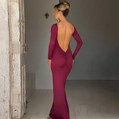 Fashion Sexy Backless Pleated Slim Solid Color Dress