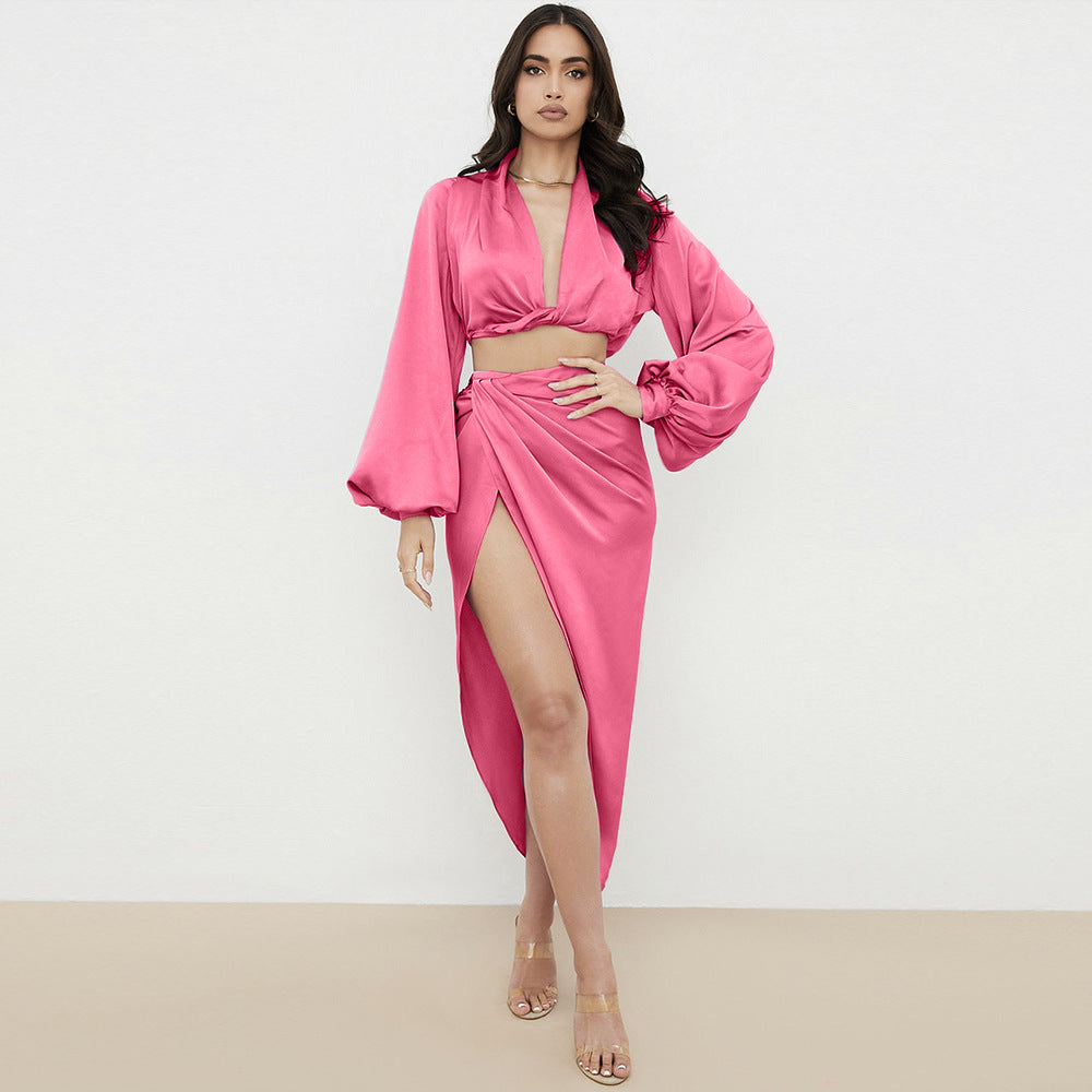 MODERN LONG SLEEVE HIGH SLIT SATIN SKIRT MATCHING SET