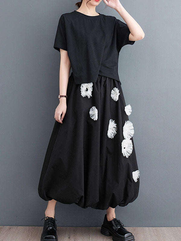 Flower-Embellished Elastics Solid Color Loose Skirts Bottoms