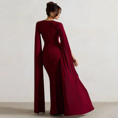 Square Collar Mop Long Sleeve High Slit Solid Color Dress