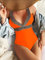 Women's Wave Pattern V-Neck Sexy Casual Vacation One-Piece Swimsuit